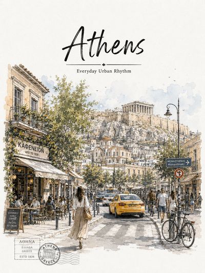 Athens Monastiraki street scene with Acropolis rising above