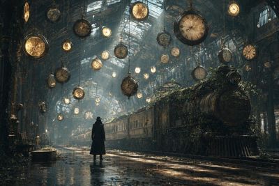 A mysterious traveler stands in an abandoned station with floating clocks