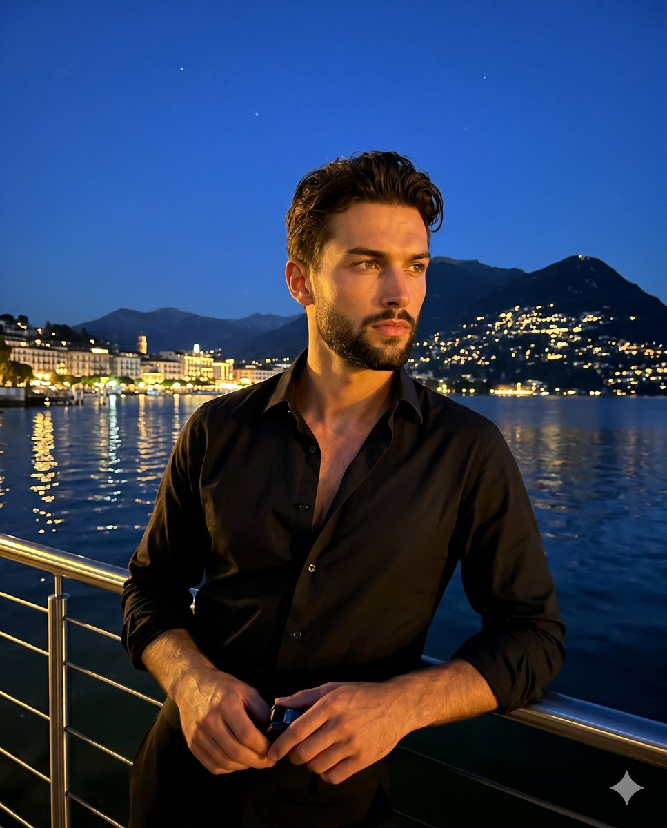 A young man in black shirt gazes at reflective lake lights at night