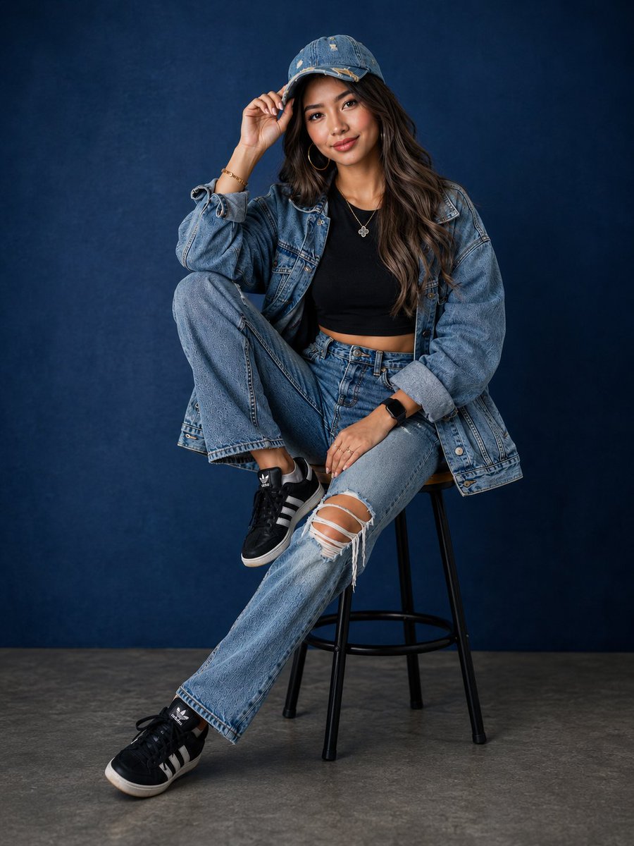 Young woman in denim cap poses confidently against blue backdrop