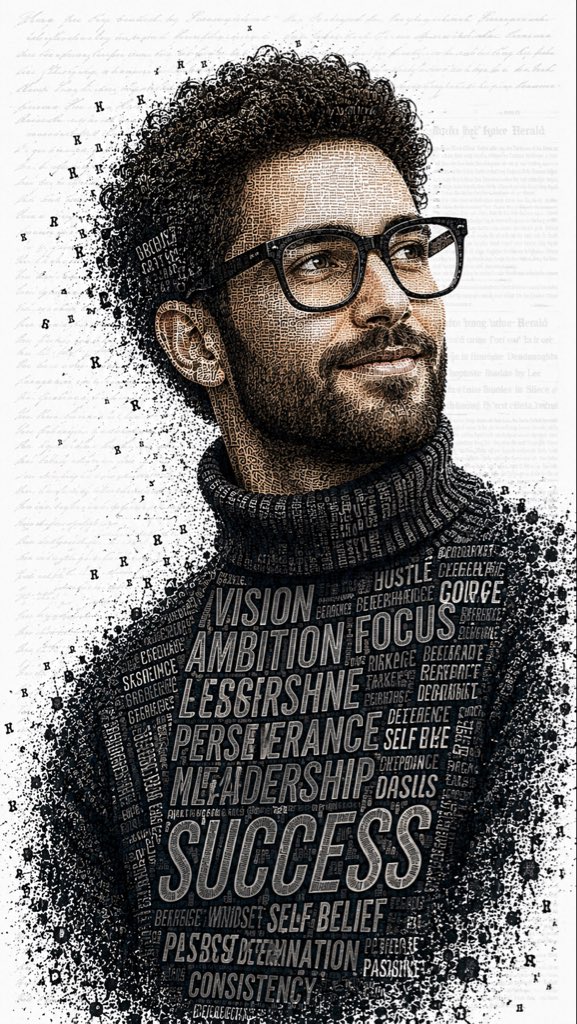 Typographic portrait of a man with glasses and curly hair