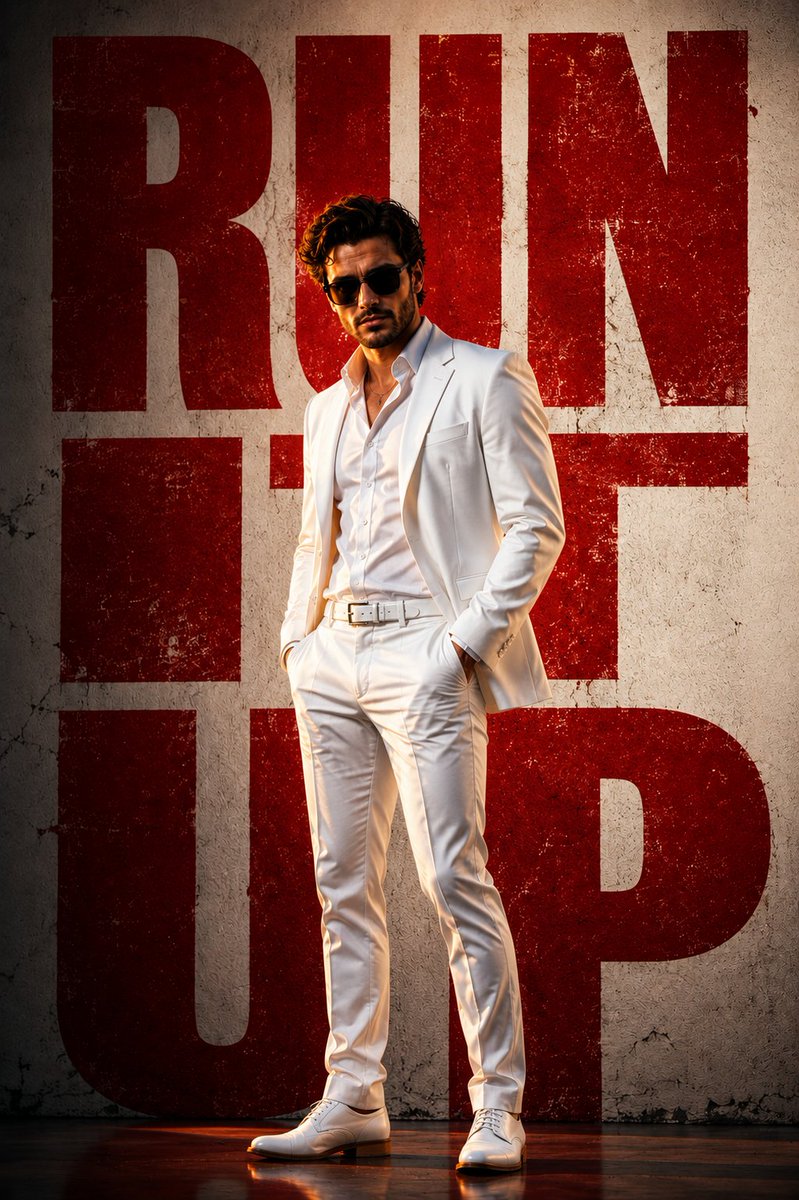 Confident man in white suit poses before gritty red graffiti wall