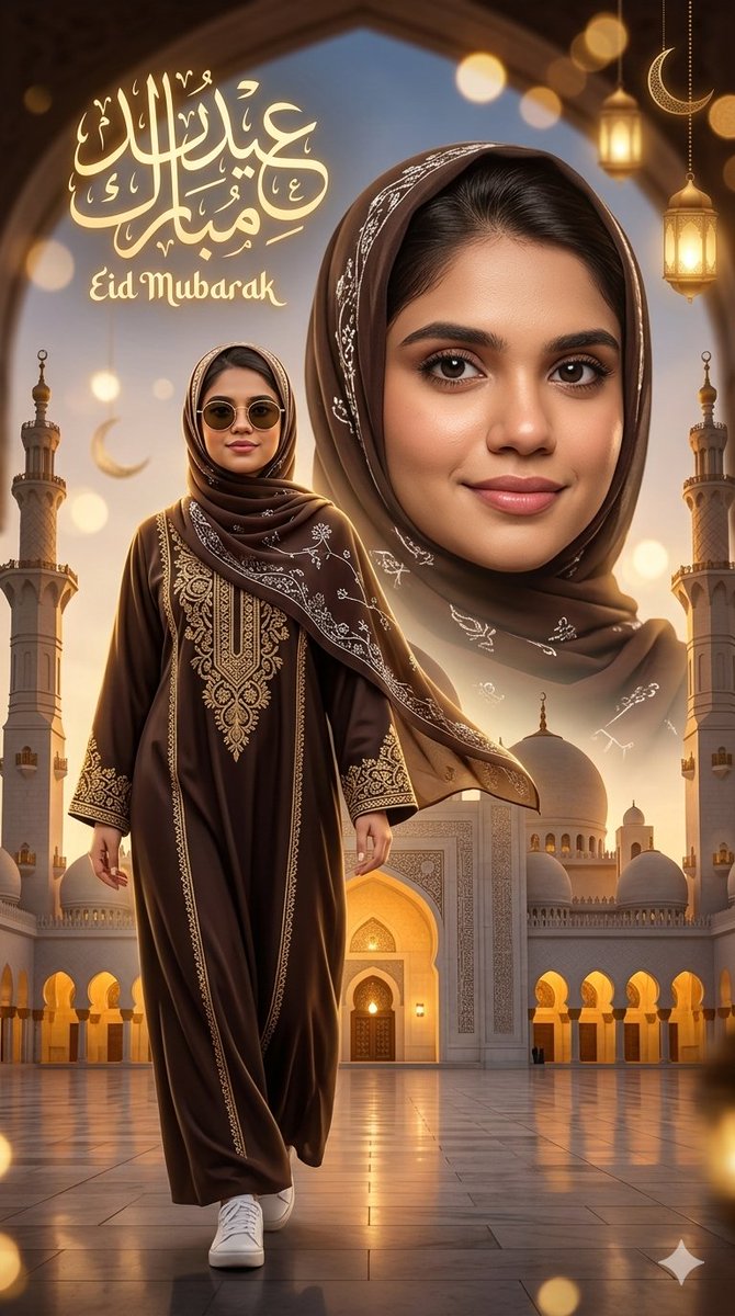 A woman in elegant abaya walks toward the glowing mosque.