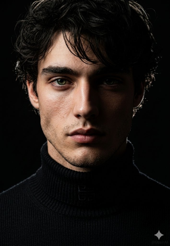 A model in split lighting wears a structured turtleneck