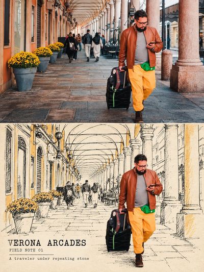 Real traveler stands as ink-drawn streets unfold behind