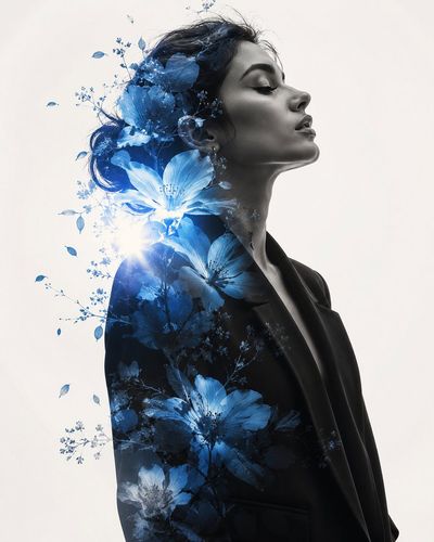 Elegant woman in monochrome with translucent blue flowers