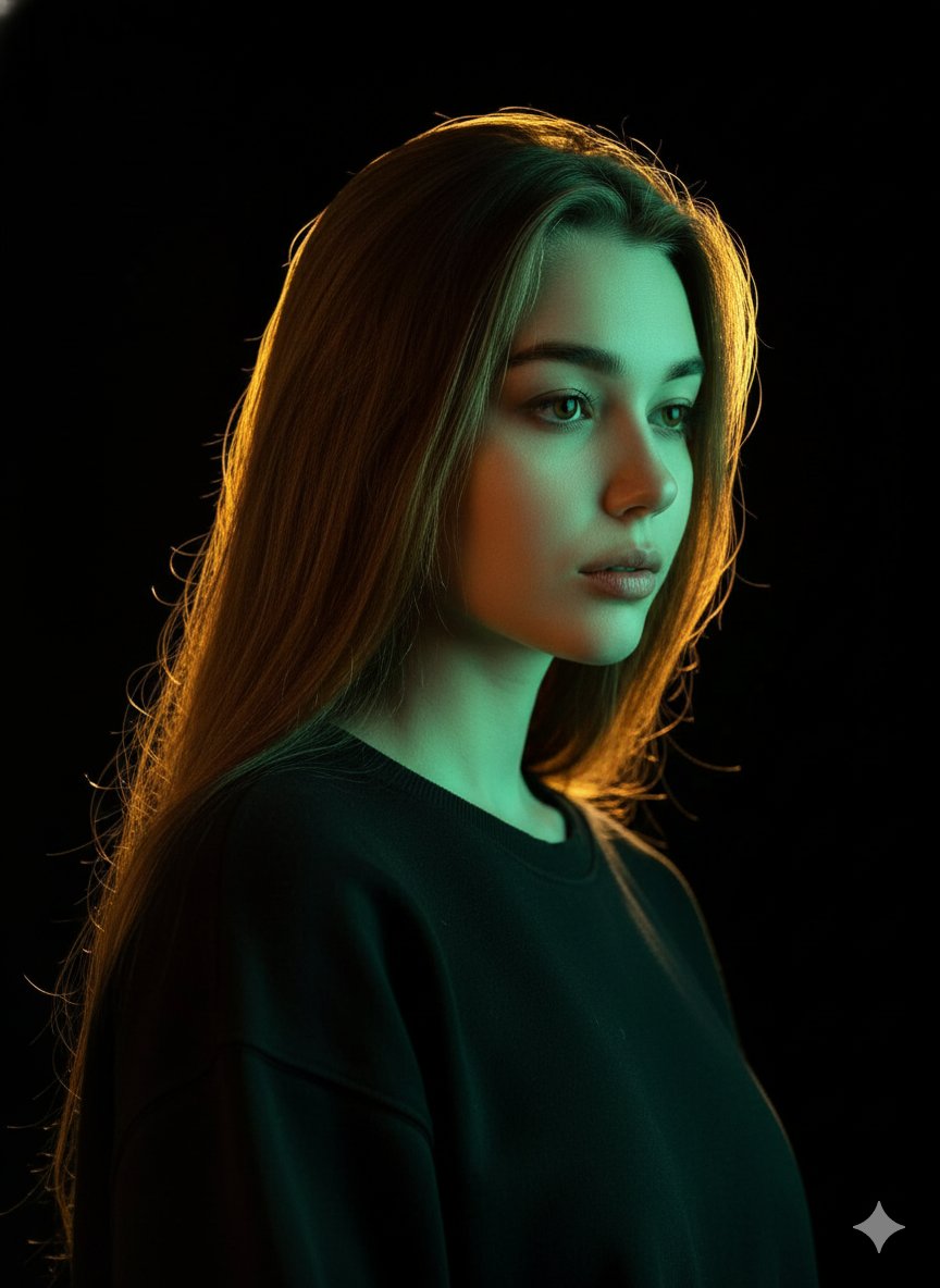 Golden Glow Meets Cool Green: A Portrait of Contemplation