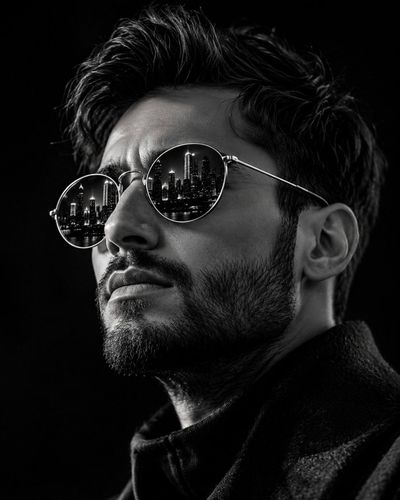 A confident man in silver sunglasses reflects a city skyline at night