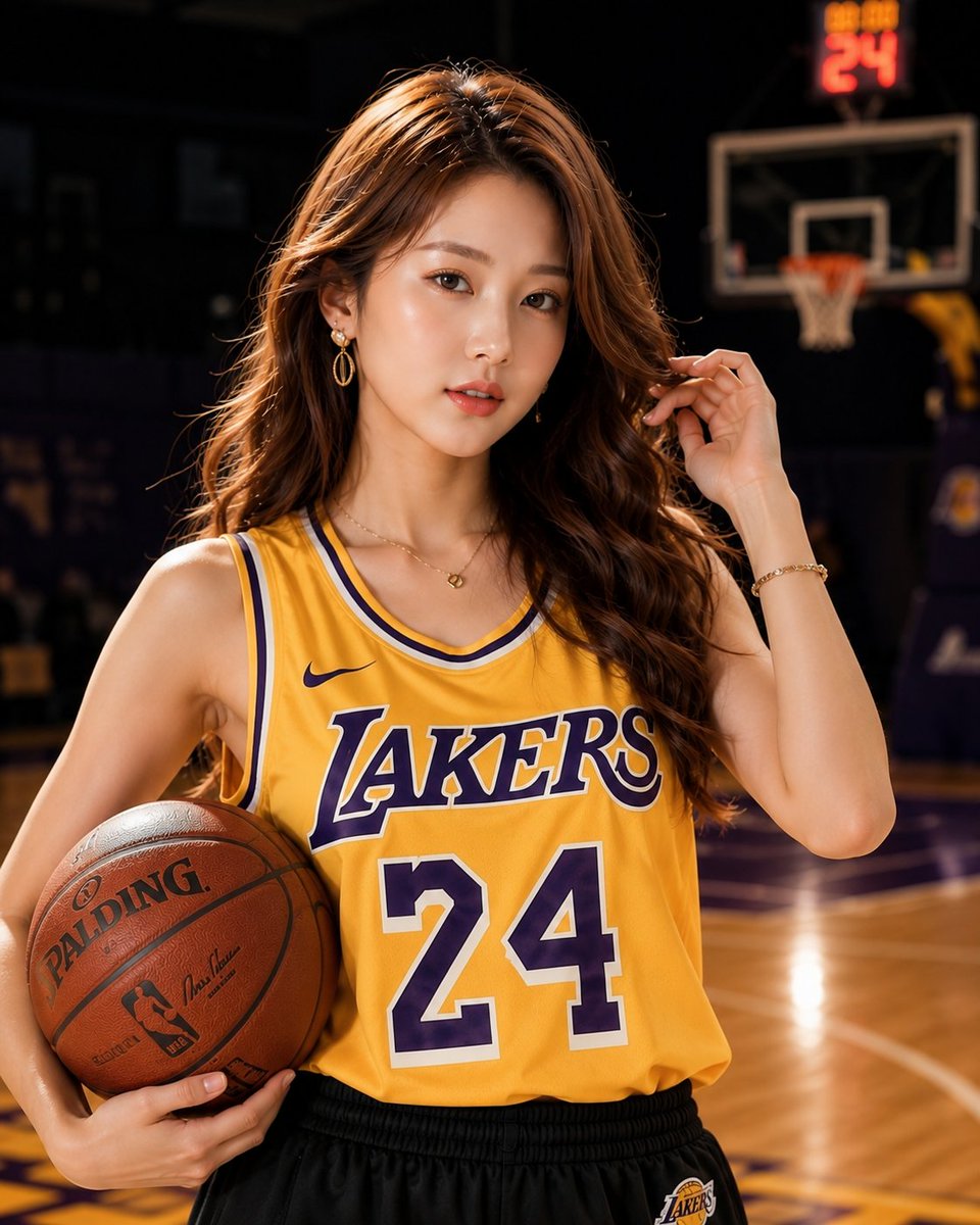 Young woman in Lakers jersey poses confidently by dark glass wall