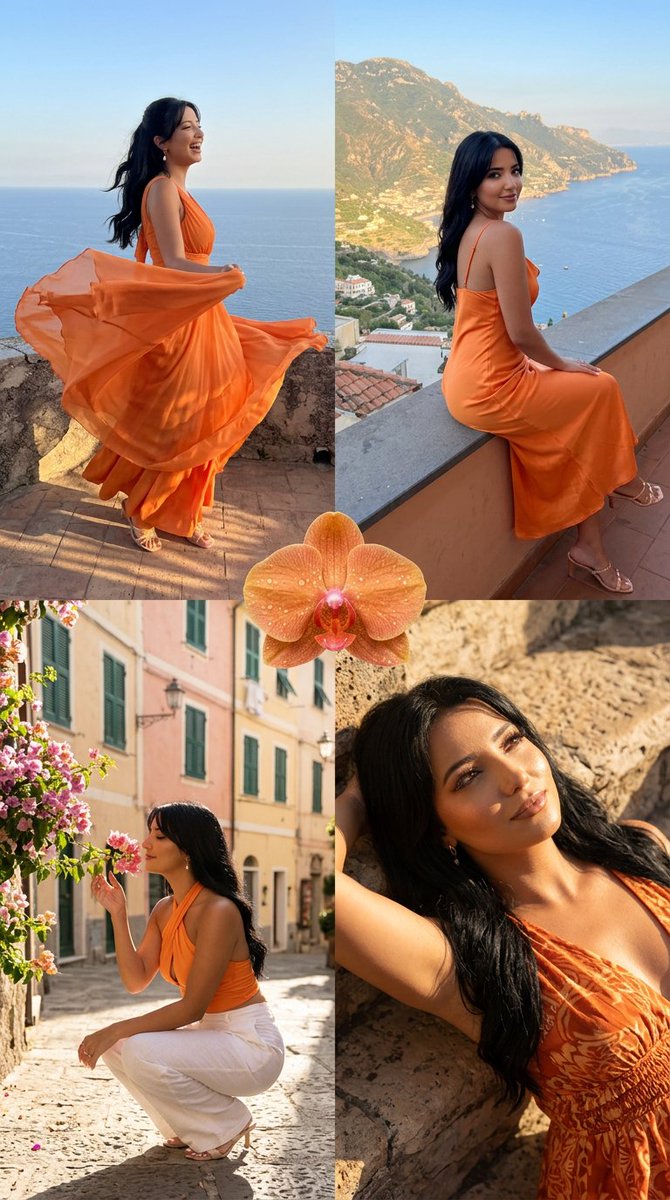 Italian summer fashion collage with orange orchid centerpiece