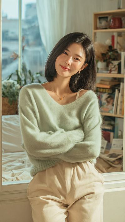 Woman in mint green sweater smiles in cozy painted room