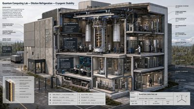 A weathered concrete quantum lab cutaway reveals cryogenic interior details