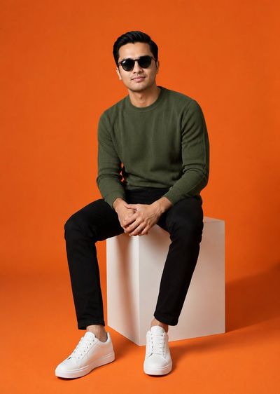 Male model in green sweater sits on white cube with orange backdrop