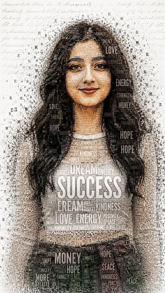Typographic portrait of a smiling woman built from empowering words