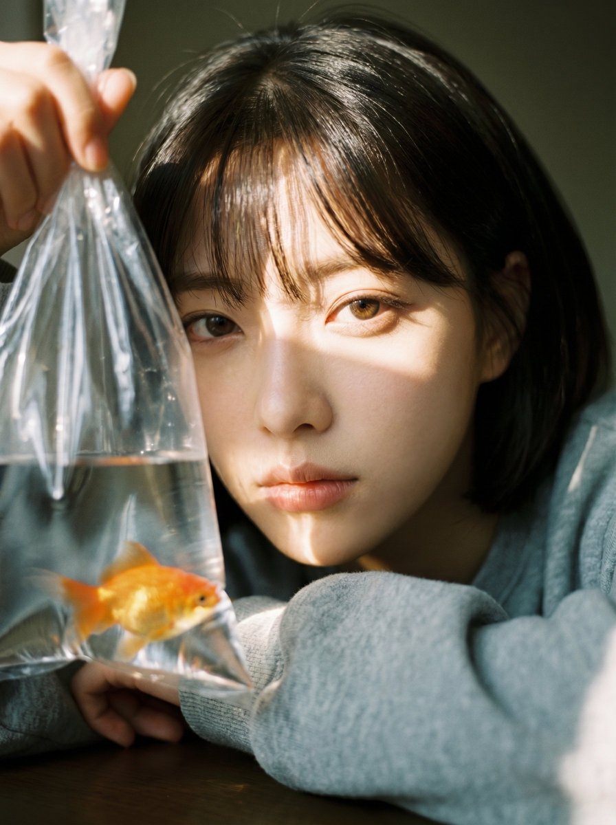Goldfish swims silently through warm afternoon light in bowl