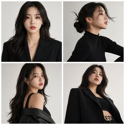 Korean model poses in four elegant fashion editorial panels