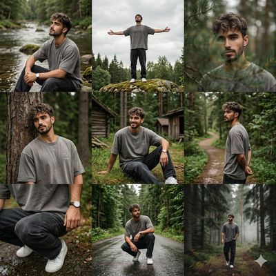 Young man in forest collage with nine cinematic frames