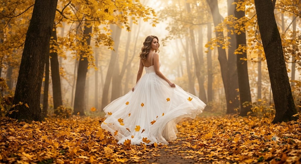 A bride walks through golden autumn mist in flowing white gown