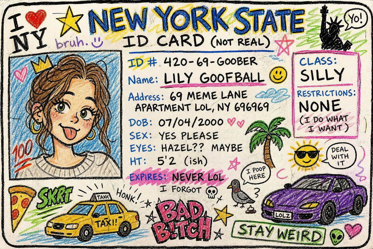 Childish crayon doodle creates a chaotic fake New York ID card