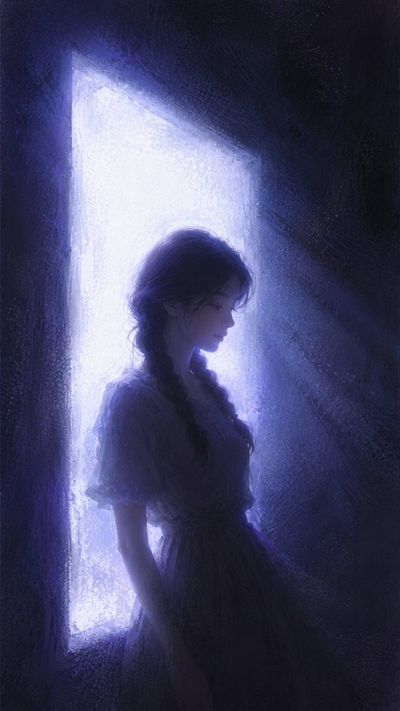A figure stands in profile beside a glowing white-blue doorway.
