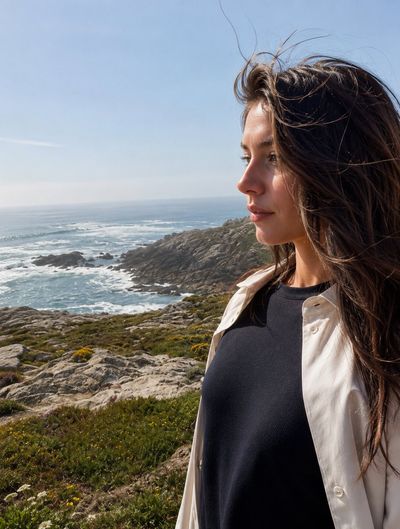 A woman with wind-swept hair gazes at the sparkling ocean from a cliff