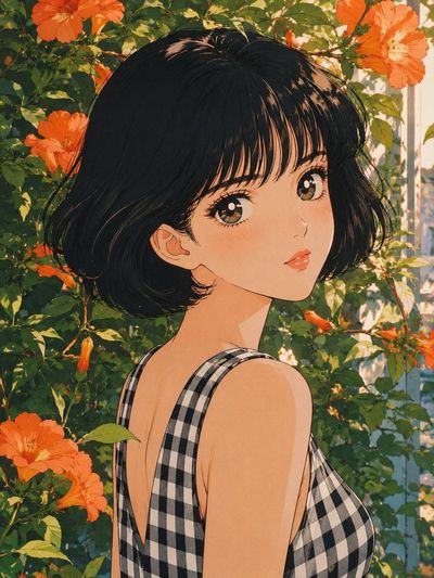 Young woman in gingham dress looks back amid blooming vines