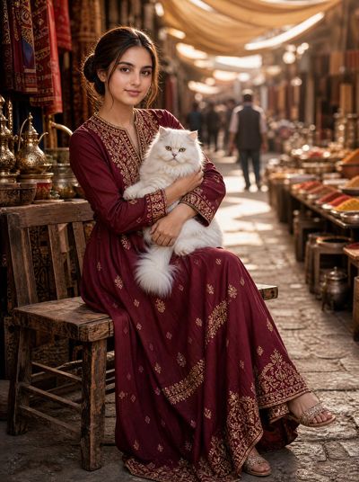 A young woman in embroidered dress holds a white cat in golden bazaar light.