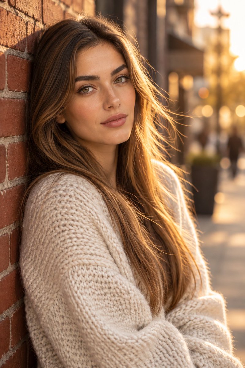 Elif leans on red brick wall in golden hour glow