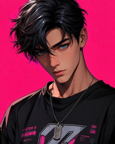 A stylish cartoon boy with blue eyes and freckles stares confidently