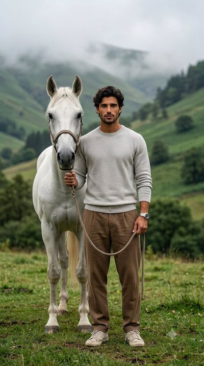 A man in grey holds a white horse in misty green hills.