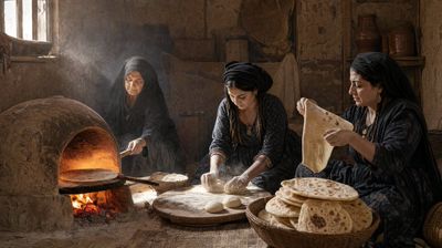 Egyptian women bake Roqaq bread by a glowing clay oven