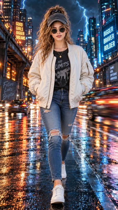 Confident woman strides through neon-lit cyber city with lightning