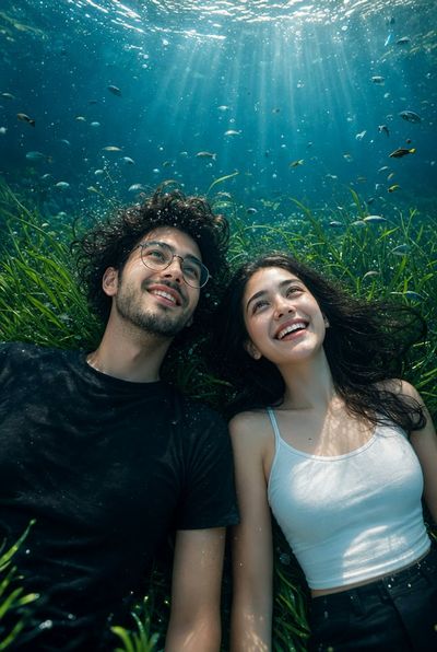 Young couple floats in sunlit underwater meadow surrounded by tropical fish