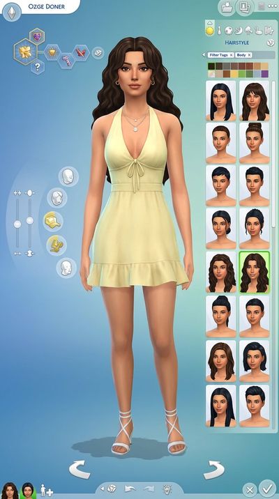 A Sims 4 Create-A-Sim screen shows Ozge in a yellow dress