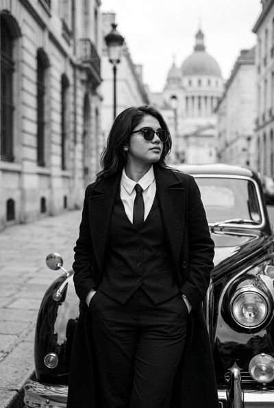 Monochrome Elegance: Figure in Black Coat Leaning on Vintage Car