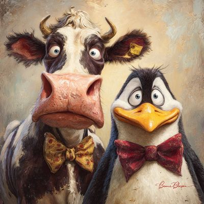 High Fashion at Its Finest: Dapper Cow Meets Grumpy Penguin