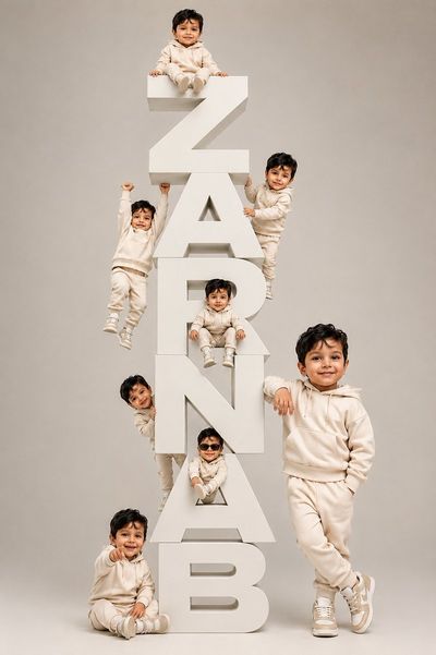Seven identical toddlers play around giant ZARNAB blocks