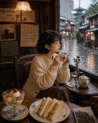Elegant woman in cream cardigan sipping matcha in rainy Kyoto café