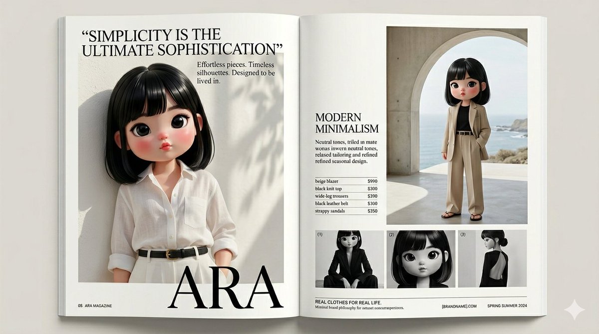 Chibi doll poses in sunlit linen against minimalist luxury backdrop
