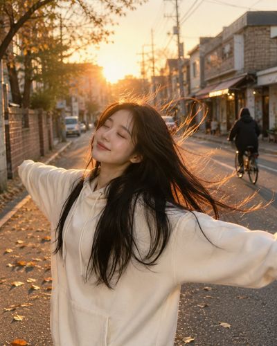 Woman in cream hoodie embraces golden hour on autumn street