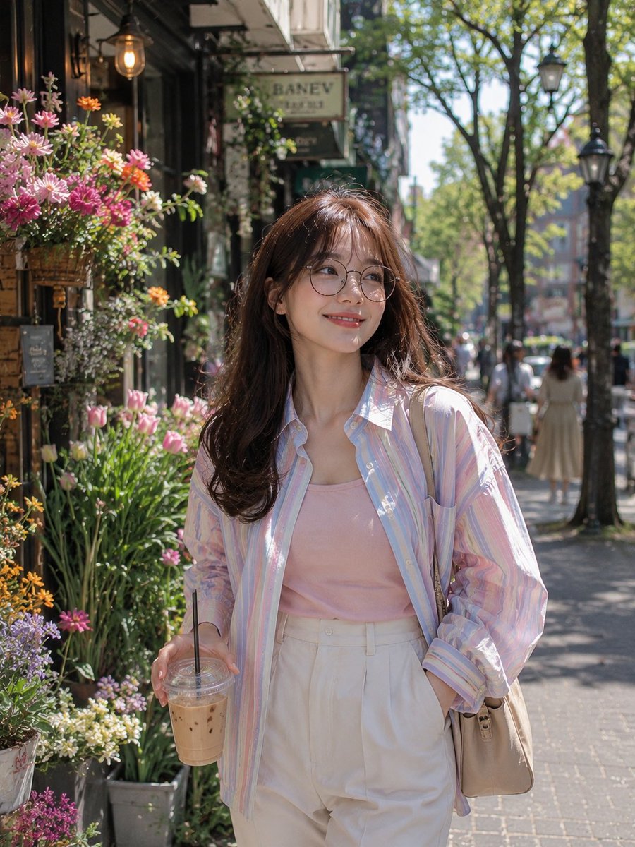 A woman in pastel stripes strolls through a sunlit flower-lined street