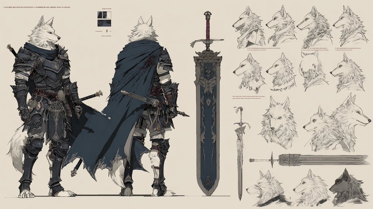 Intricate Character Design Sheet with Multiple Poses and Expressions