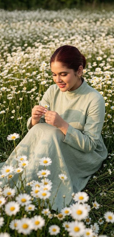 A girl sits among daisies as golden sunlight filters through the field