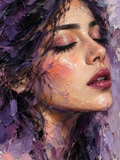 Elegant Woman's Closed Eyes Dissolve in Violet Impasto Portrait