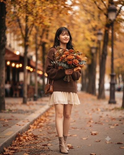 Woman walks autumn street with flowers under golden light