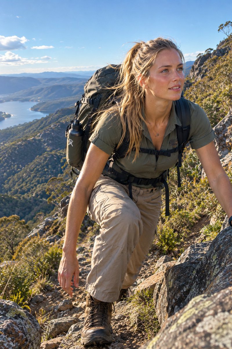 Athletic Australian woman conquers rugged mountain trail at golden hour