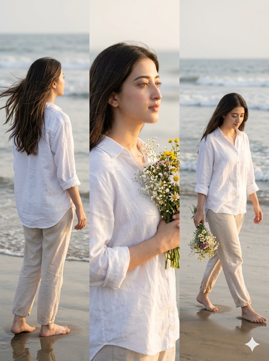 Woman in white linen walks on golden seashore at sunset