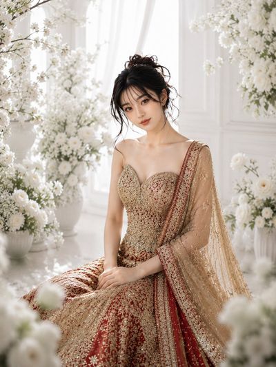 Red bridal lehenga shines in white floral palace portrait