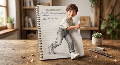 Whimsical 3D Boy Leaps From Notebook Page