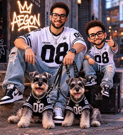 AEGON poses with his chibi twin and two Schnauzers in a gritty alley